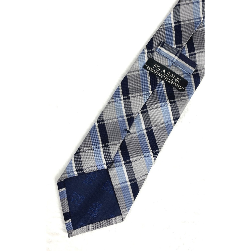 Jos A Bank 100% Silk Navy Blue Monochrome Classic Plaid and Stripes Tie Men's